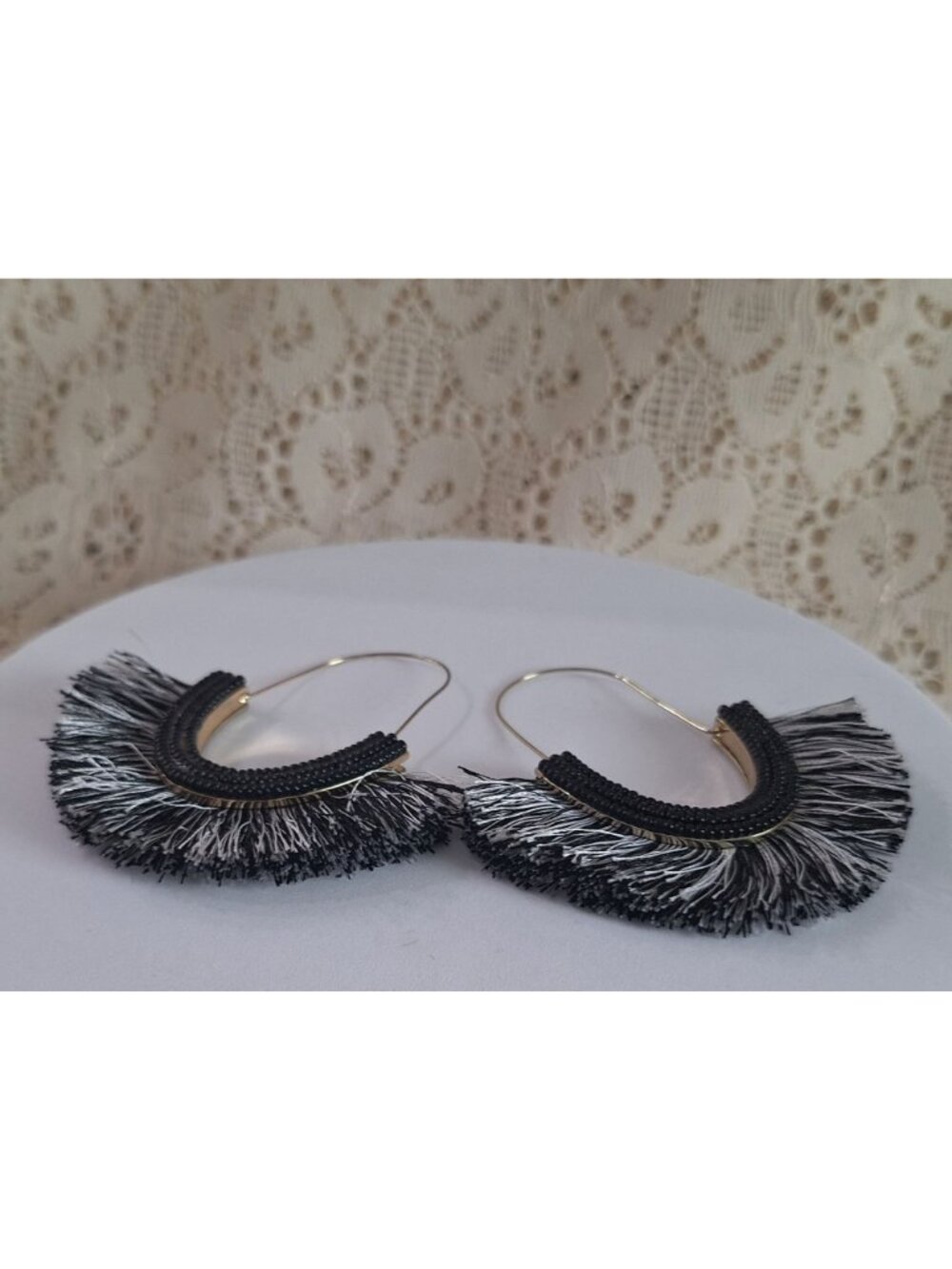 SUGARFIX by BaubleBar Black Gold Fringe Hoop Earrings – Beaded Tassel Statement - Picture 7 of 11